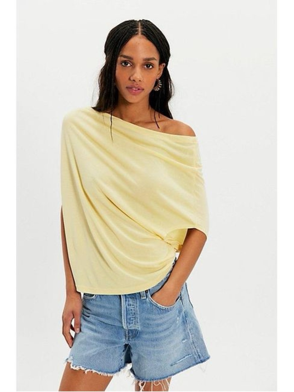Free People Pale Yellow Off-Shoulder Draped Short Sleeve Top